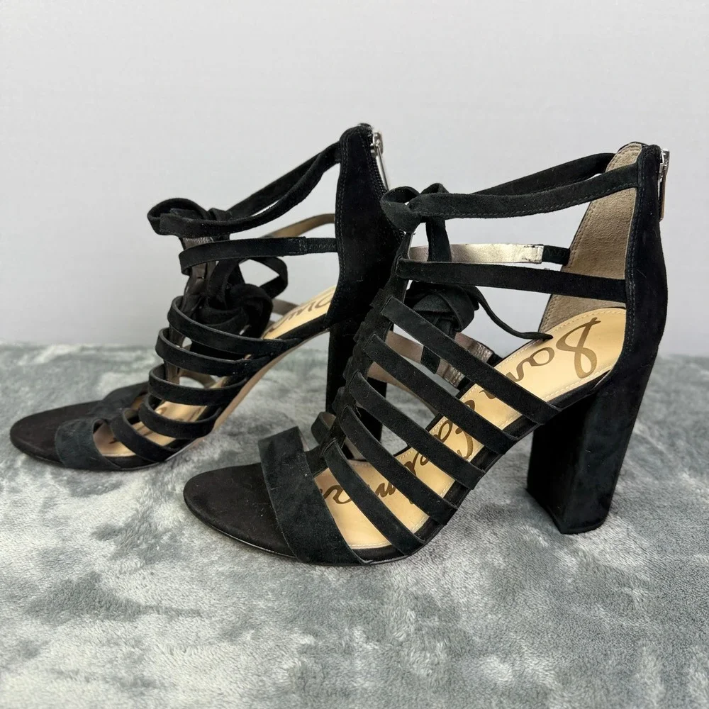 Sam Edelman YARINA Black Suede Strappy Gladiator Block‎ Heel Sandals US 9.5M